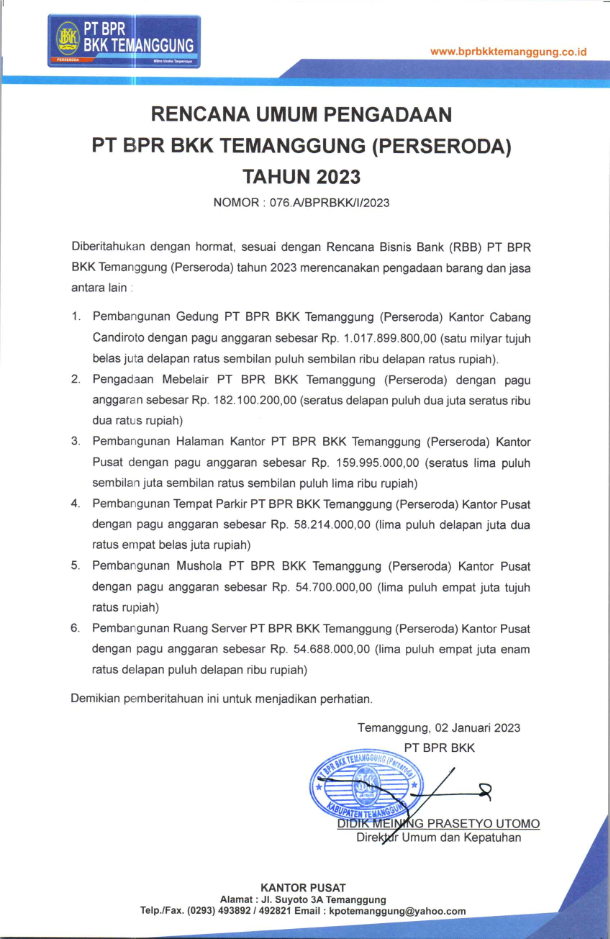 PENGUMUMAN RENCANA PENGADAAN BARANG DAN JASA