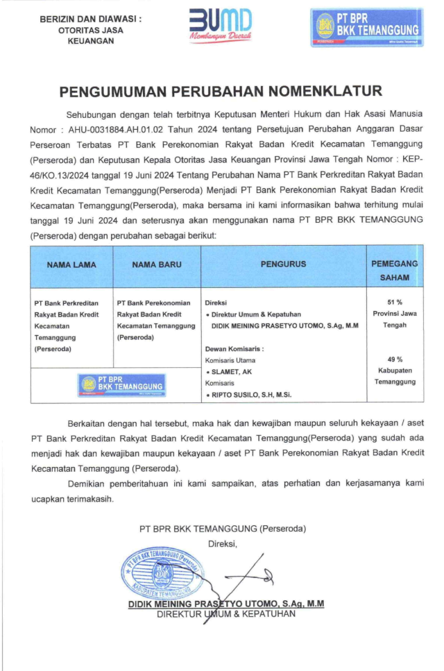 Perubahan Nomenklatur PT BPR BKK Temanggung (Perseroda)