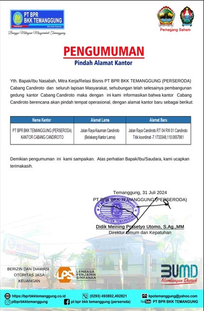 PENGUMUMAN PINDAH KANTOR CABANG CANDIROTO